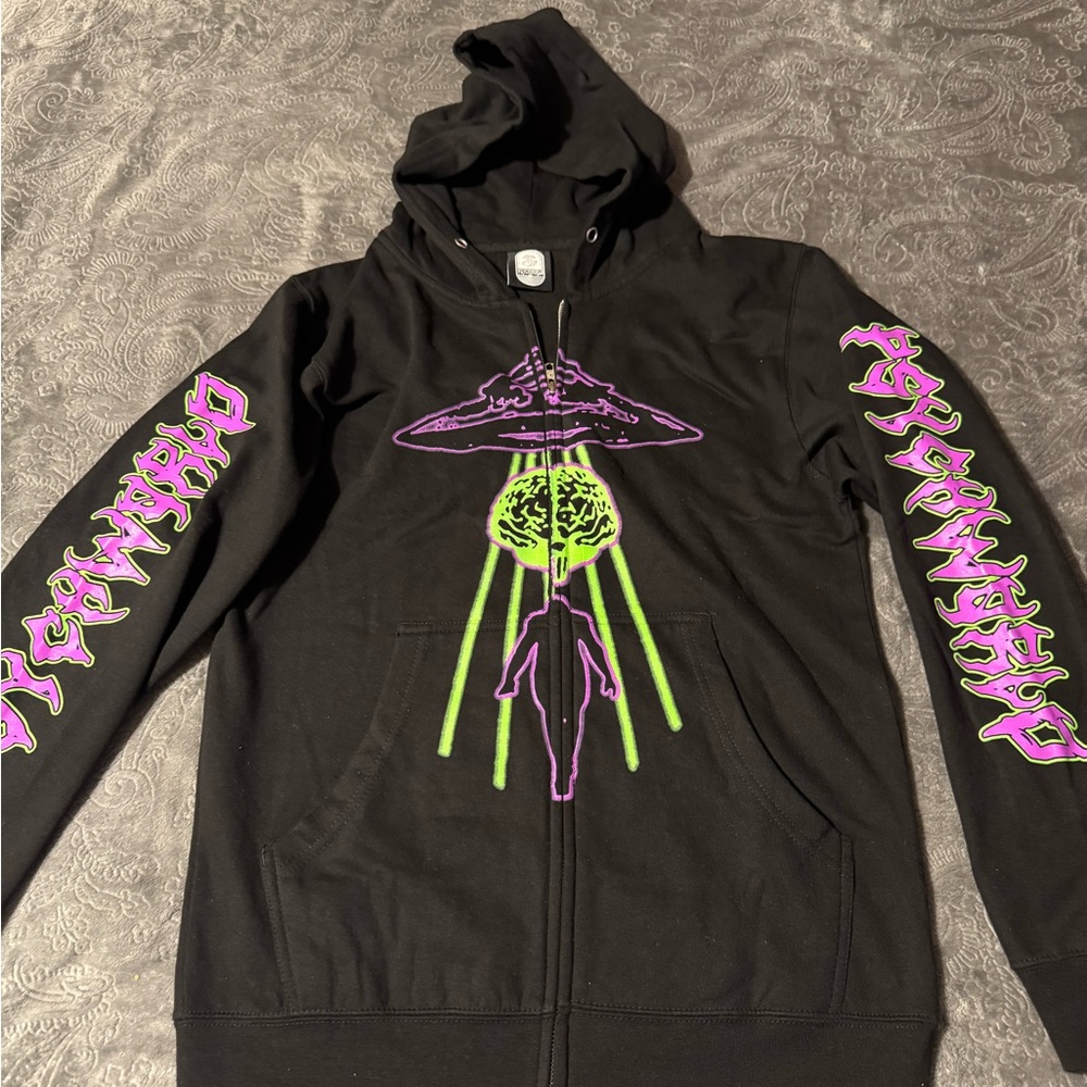 Black Hoodie with Purple and Green Graphic